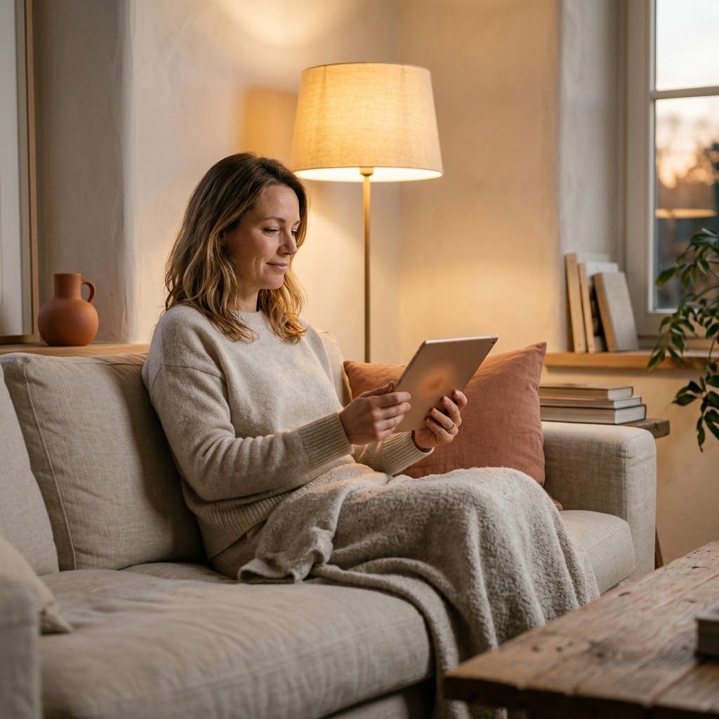 Een vrouw zit 's avonds in de zetel met een tablet, naast een brandende staande lamp.
